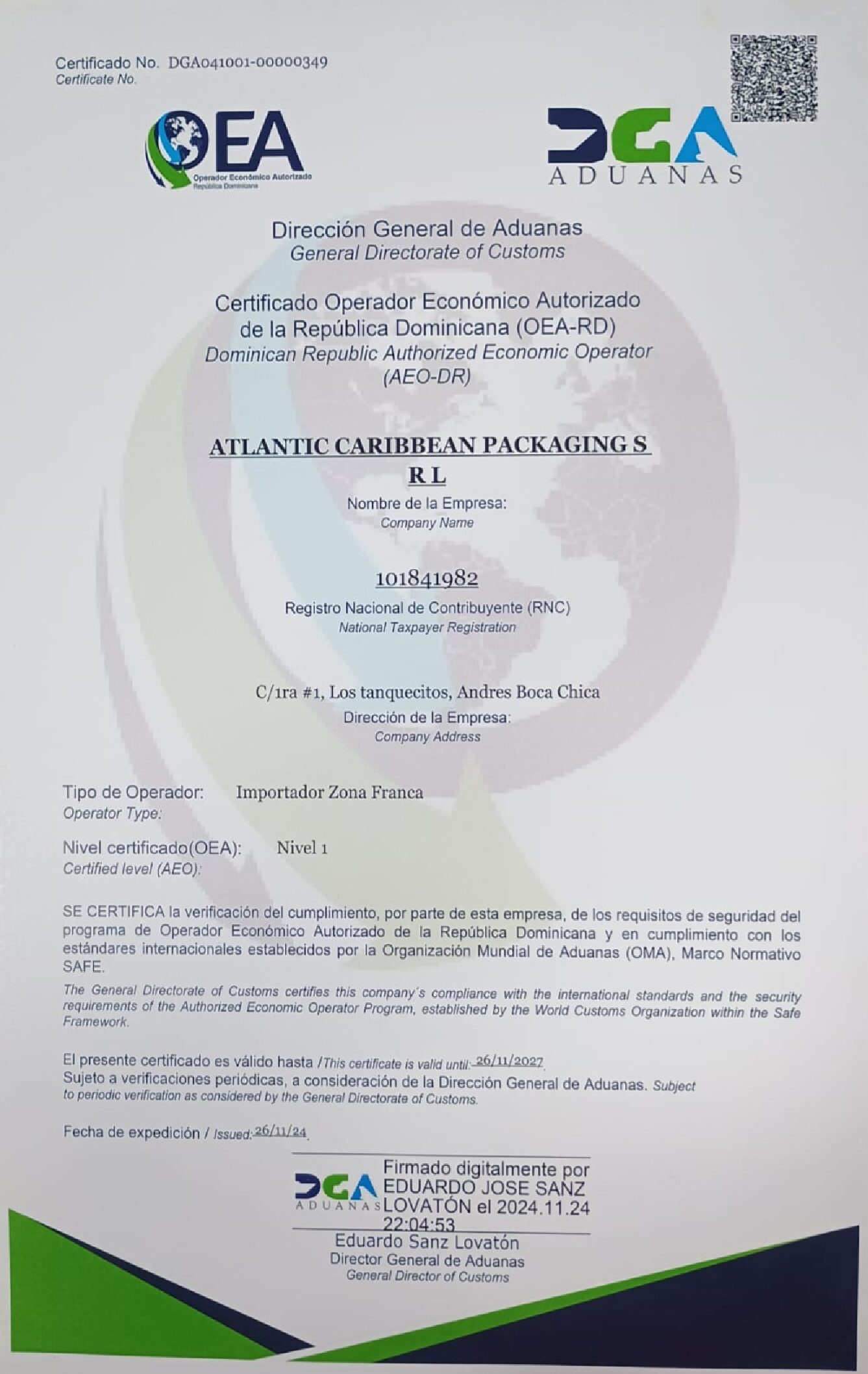Certificado de OEA - Importación spanish